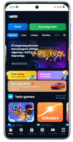 1Win ilovasi bosh sahifasining skrinshoti