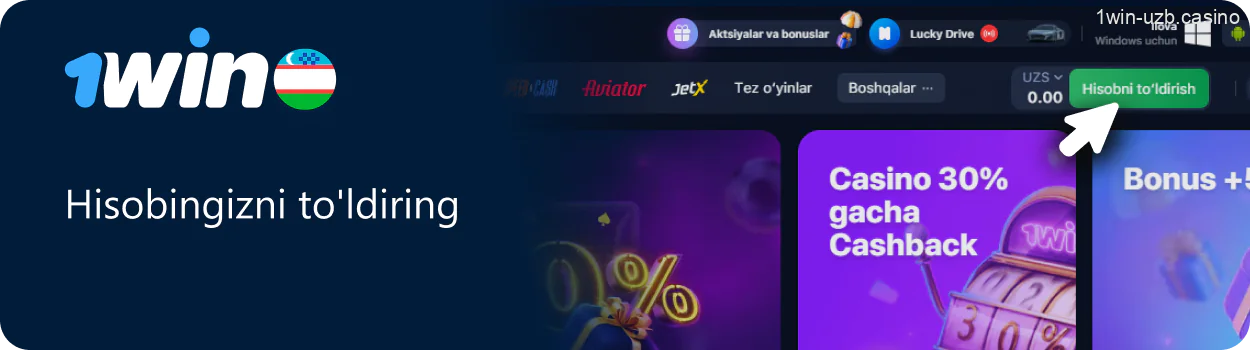 1Win hisobingizni depozit bilan to‘ldiring