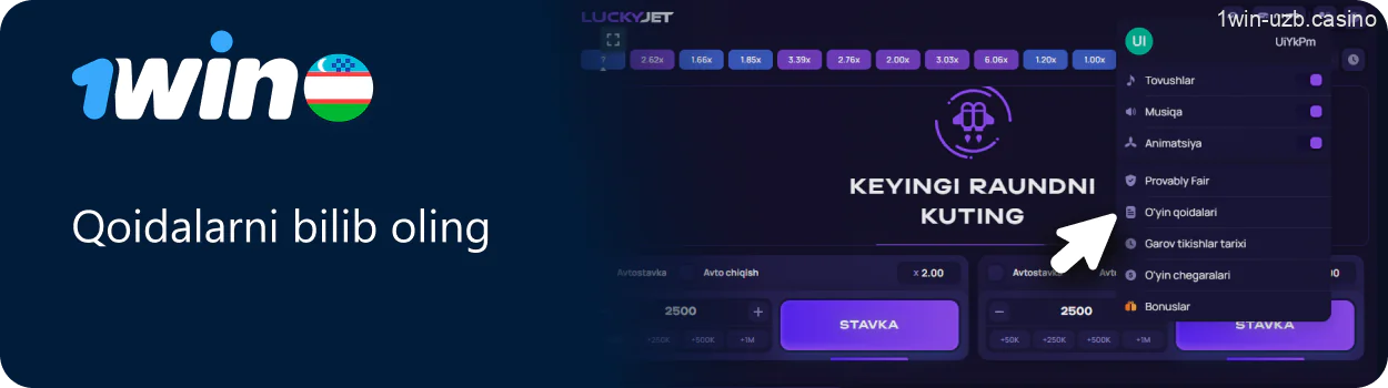 1Win Lucky Jet o'yini qoidalari bilan tanishish