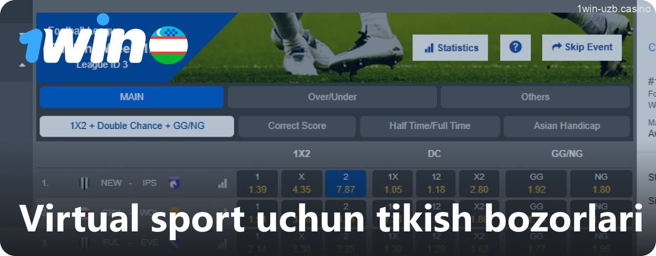 Virtual sportlar uchun 1Win da bozorlar va garovlar