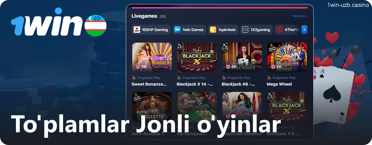 1win jonli o'yinlarining to'plamlaridan foydalanish
