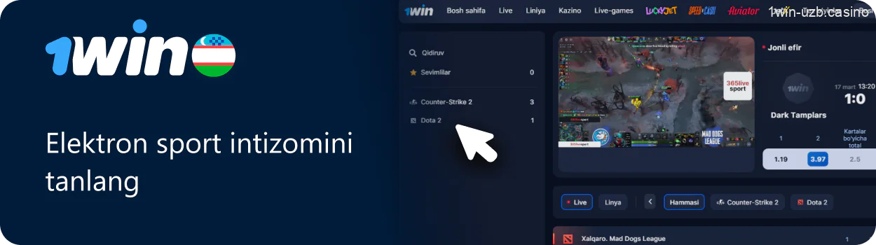 1Win da kibersport intizomini tanlang