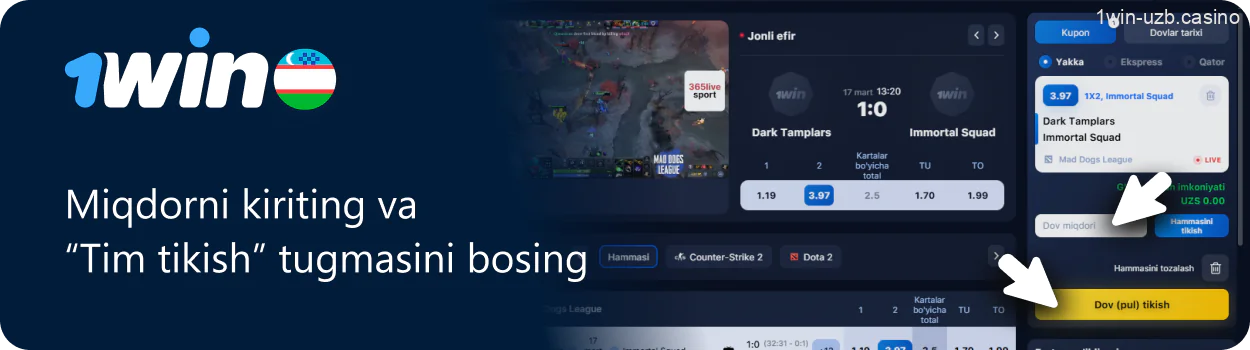 1Win da pul tikish miqdorini kiriting va tasdiqlang