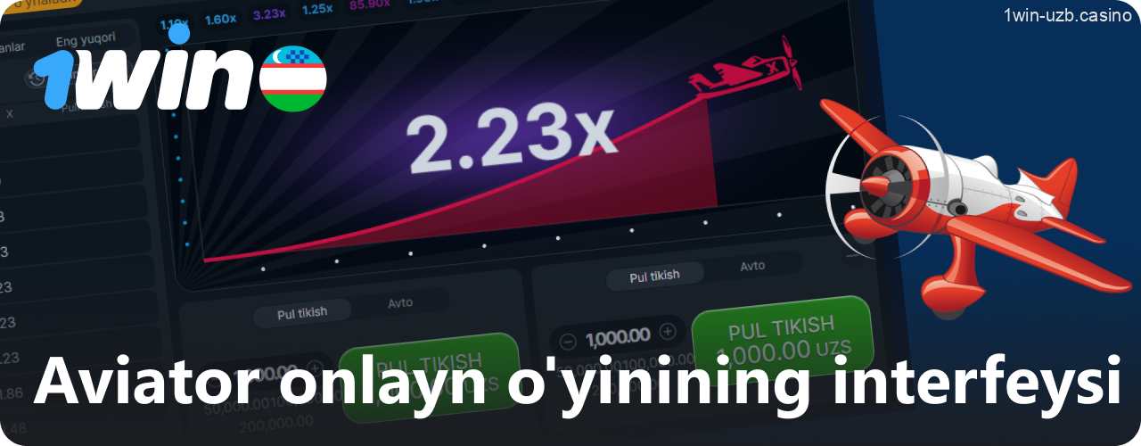 1Win da Spribe kompaniyasidan Aviator interfeysi