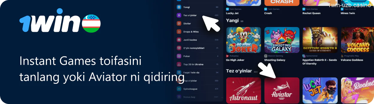 1Win da "Instant Games" toifasini toping yoki Aviatorni izlang