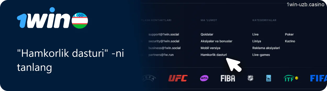 "Hamkorlik dasturi" bo'limini 1Win da tanlang