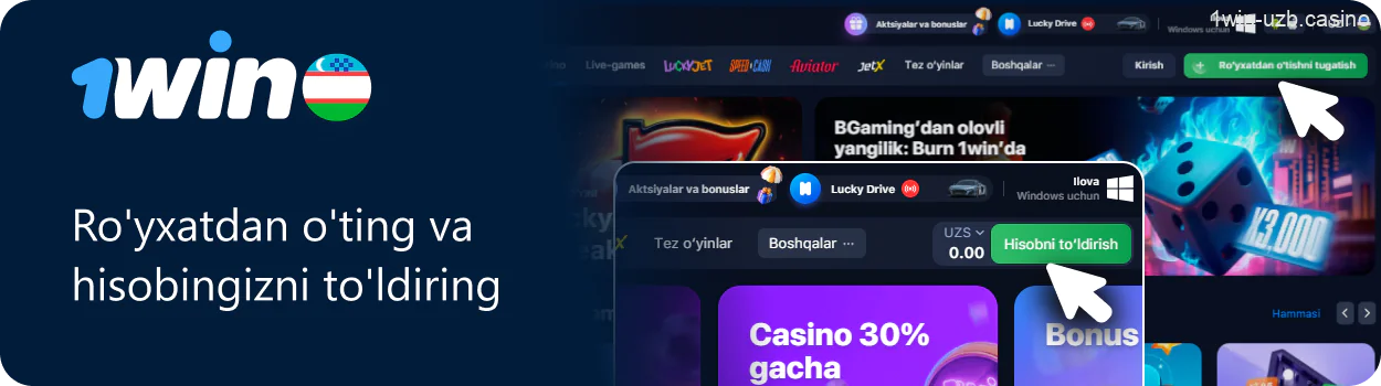 1win kazinosida hisob yaratish va to'ldirish bosqichlari